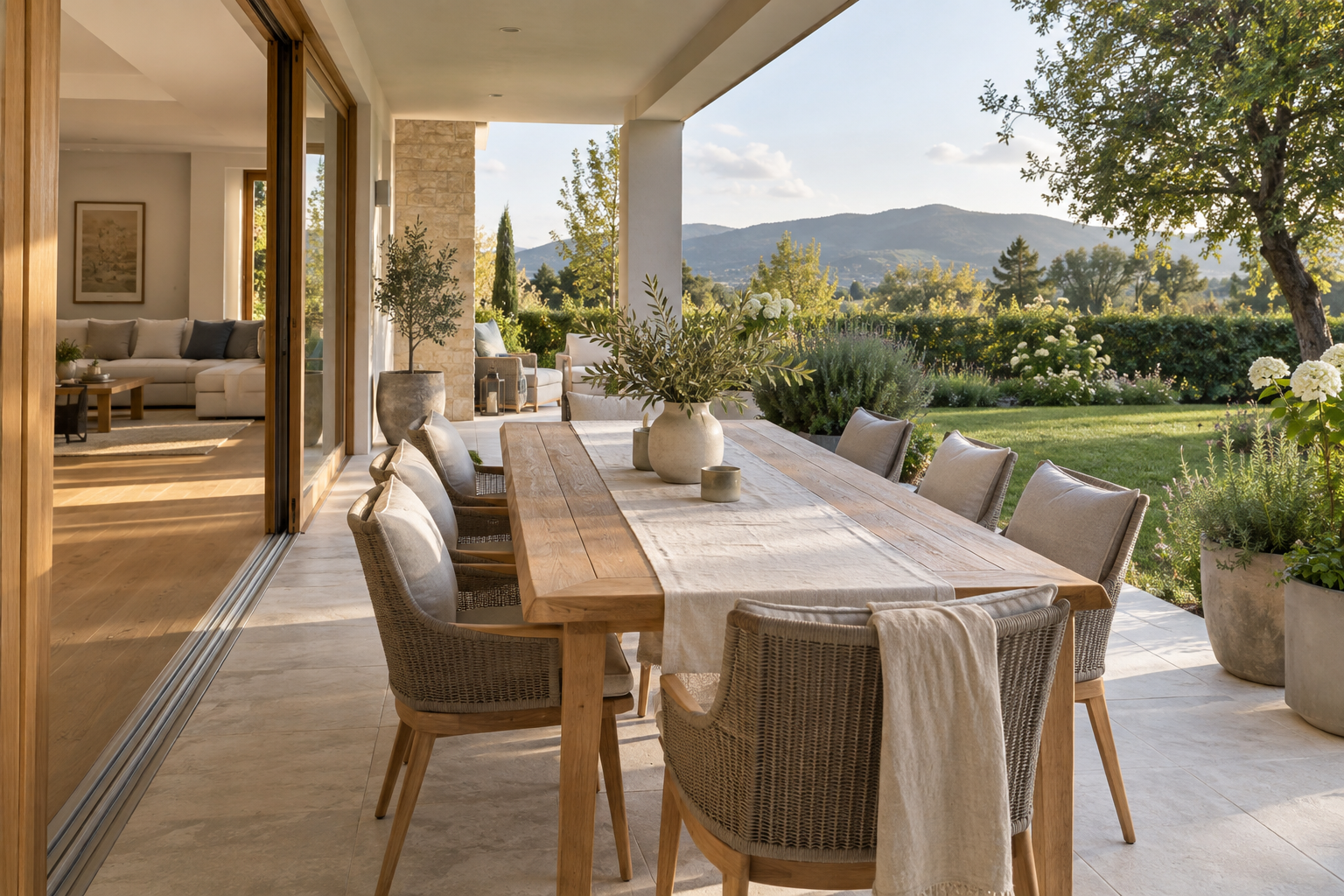 Geschützte Terrasse mit Holztisch, Garten und Blick in die Landschaft