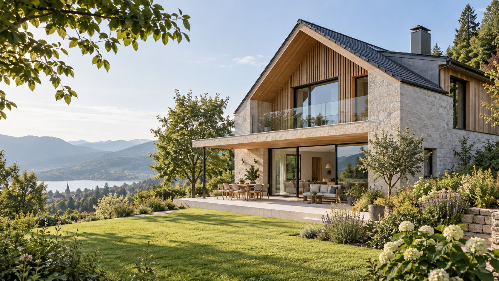 Helles Haus aus Naturstein und Holz mit Garten und weitem Ausblick